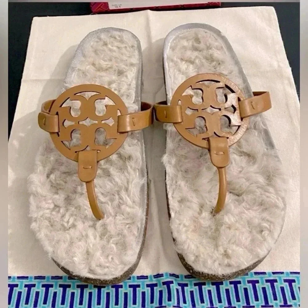 Tory Burch Miller Sandals Size 10.5 Leather Cloud Shearling Neutral Box Dust Bag - Picture 2 of 13